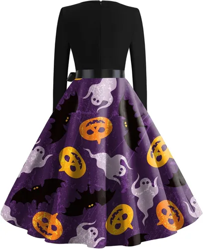 Vista 2 de Vestidos de Halloween para mujer, vestido de manga larga con cuello redondo, casual, talla extragrande, S-2XL