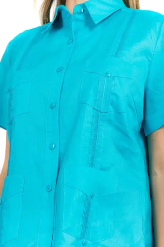 Vista 3 de Mojito Guayabera de manga corta 100% lino tradicional con cuatro bolsillos para mujer