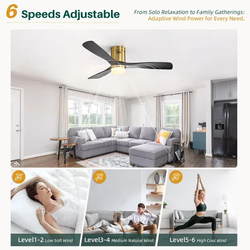 Vista 5 de CACI Mall Ventiladores de techo inteligentes de madera de 52 pulgadas con luces y control remoto, 3 cuchillas, perfil bajo, moderno, compatible