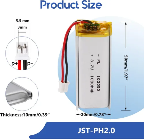 Vista 2 de Batería Lipo de 3.7V 1000mAh 102050 Batería recargable de polímero de litio con conector JST PH2.0.000 in para altavoz Bluetooth, GPS, reloj