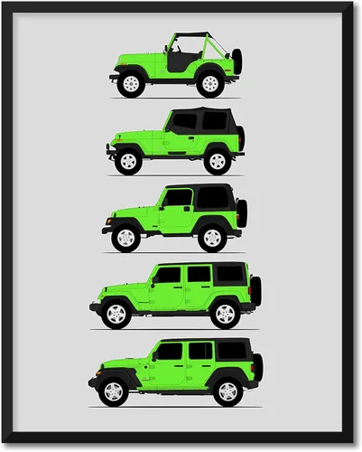 Vista 16 de Custom Car Posters Póster hecho a mano compatible con Jeep Wrangler Generations e impresión de CJ, YJ, TJ, JK, JL, estadounidense, 8 x 10 pulgadas