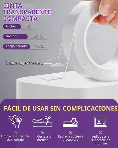 Vista 5 de HitLights Cinta transparente de doble cara resistente, adhesivo fuerte, 155