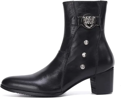 Vista 2 de Santimon Botas de vestir para hombre, estilo casual, de cuero auténtico, botas Chelsea de moda, botas vaqueras occidentales, para baile de Negro
