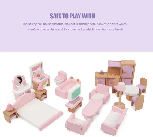 Vista 5 de 22 piezas de muebles de casa de muñecas de madera, accesorios de muebles de madera a escala 1:12, muebles de muñeca para muñeca, sala de estar