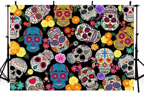 Vista 3 de AIBIIN Telón de fondo del Día de los Muertos de 10 x 7 pies, fiesta mexicana, calavera de azúcar, fondo de fotografía Dia DE Los Muertos, decoración