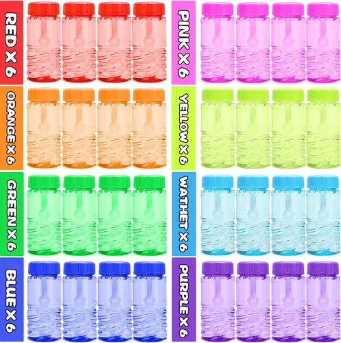 Vista 4 de Paquete de 48 botellas de burbujas con varita unida a la tapa (8 colores), juego de burbujas a granel para recuerdos de fiesta de niños, juguete