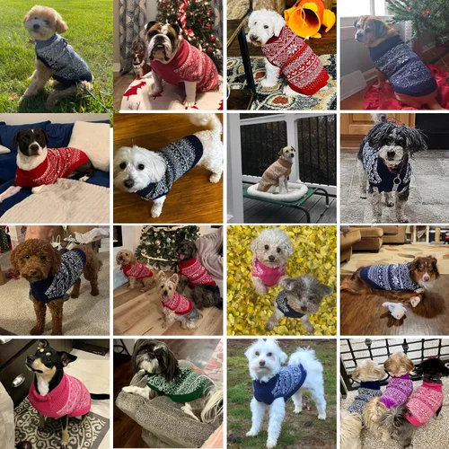 Vista 3 de HOMIMP Suéter de rombos para perros - Ropa cálida de invierno para cachorros, abrigo suave, suéter feo para perros pequeños, medianos y grandes, Azul