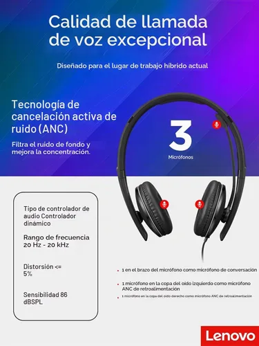 Vista 8 de Auriculares con cable Lenovo con cancelación activa de ruido (ANC), conectividad USB-C y USB-A, Certificado para Zoom, Cancelación activa de ruido
