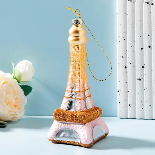 Vista 3 de Adornos de vidrio para Navidad de la Torre Eiffel de París, adornos de vidrio soplado para árbol de Navidad (Oro Rosa)