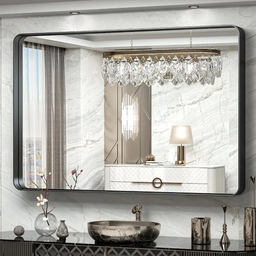 Vista 107 de TokeShimi Espejo de pared de baño de níquel cepillado de 20 x 30 pulgadas, marco de metal, esquina redonda, rectangular, para decoración del hogar