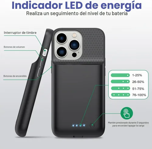 Vista 3 de Funda de batería para iPhone 13/13Pro/14,7500 mAh, funda protectora ultradelgada, funda de carga de batería expandible portátil recargable Negro