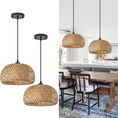 Vista 9 de 1 lámpara colgante de bambú tejida a mano, estilo bohemio, elegante, cordón ajustable, ratán de bambú, lámpara colgante de techo para comedor, bar