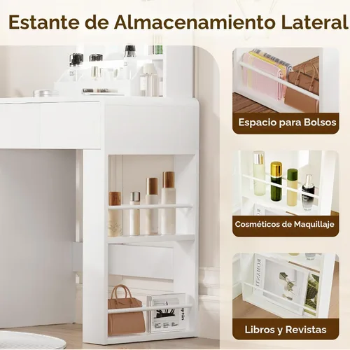 Vista 4 de Escritorio pequeño de maquillaje con espejo y luces, color blanco
