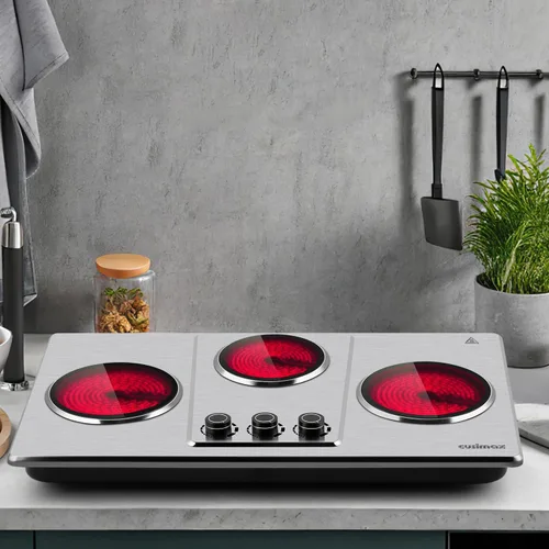 Vista 6 de CUSIMAX - Placa de cocción eléctrica de 7" de vidrio cerámico, quemador triple infrarrojo de encimera, placa caliente eléctrica para cocinar, 11