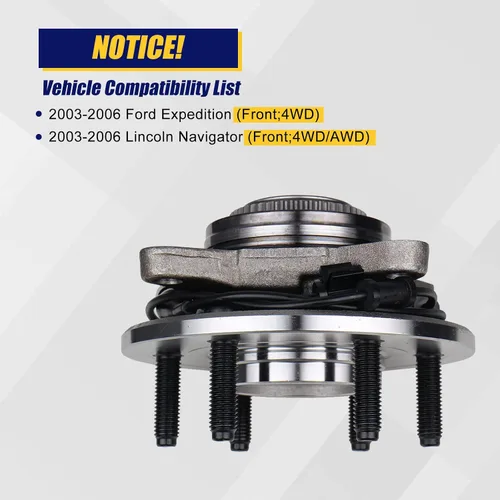 Vista 2 de KUSATEC 515043 Cojinete de rueda delantera y conjunto de cubo Compatible con Ford Expedition Lincoln Navigator 2003 2004 2005 2006, pernos de 6