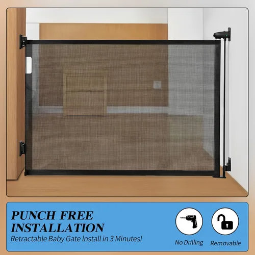 Vista 2 de Retractable Baby Gate, 33" Tall, Extends up to 55" Wide, Child Gate Stair Gates, Indoor/Outdoor Punch-Free Install Baby Gate for Stairs, Doorways
