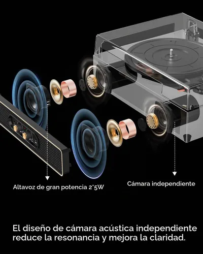 Vista 2 de Tocadiscos de vinilo retro con altavoces, control de graves/agudos