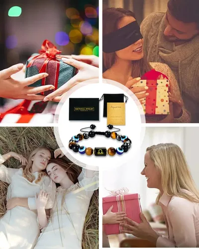 Vista 9 de Pulsera de triple protección del zodiaco, ojo malvado, hematita, obsidiana, ojo de tigre, chakras, cuentas de cristal curativo para hombres