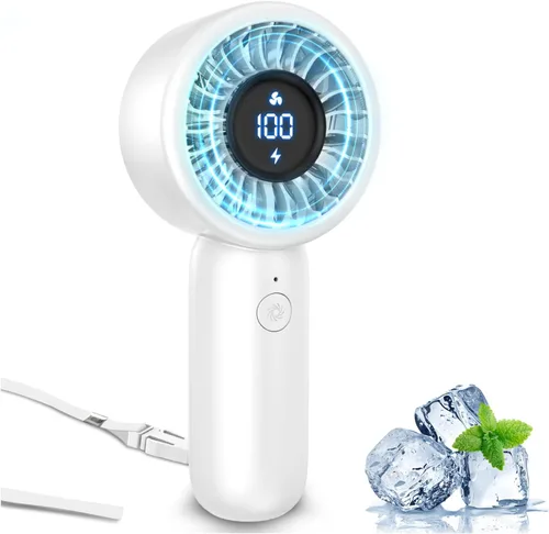 Vista 11 de Ventilador de mano portátil, pequeño ventilador de mano turbo personal, potente, refrescante, cordón, recargable por USB, 5 velocidades, maquillaje