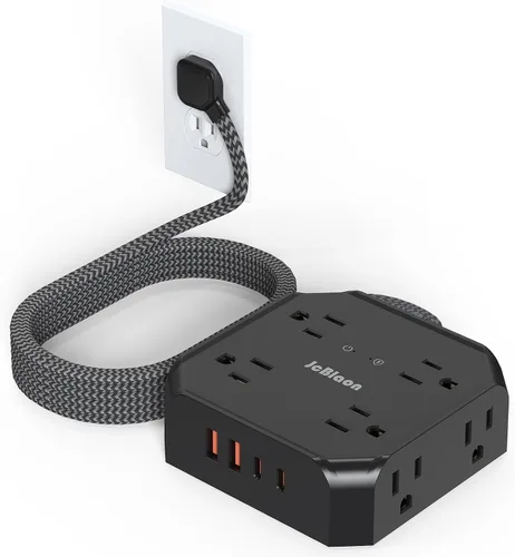 Vista 10 de Protección contra sobretensiones y regleta de enchufes, 8 tomas con 4 puertos USB (2 USB C), extensor de enchufes de 4 lados de 1050J con cable