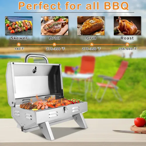 Vista 5 de ROVSUN Parrilla portátil de gas propano de 12,000 BTU, parrilla de cocina al aire libre para picnic, camping, caravana, patio, jardín, barbacoa