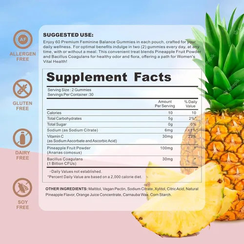Vista 2 de Gomitas de equilibrio femenino prémium para la salud de la mujer, gomitas de piña hawaiana para mujeres, probióticos vaginales y apoyo