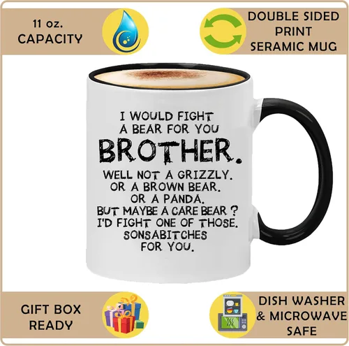 Vista 4 de Taza de café con texto en inglés "I Would Fight a Bear for You Brother" (11 onzas) (negro)