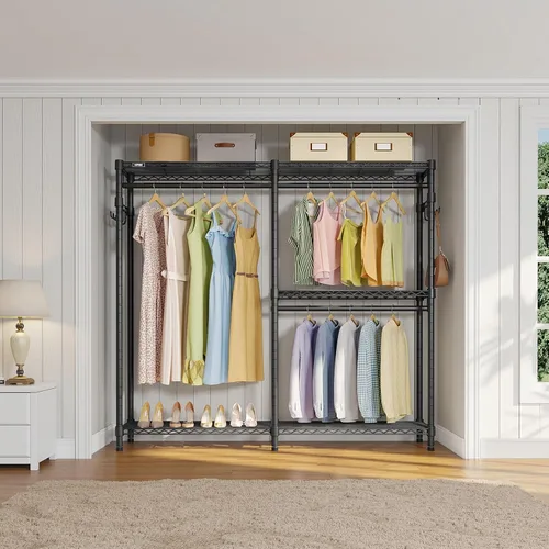 Vista 2 de VIPEK V4 - Perchero resistente para colgar ropa, capacidad de carga de 810 libras, perchero de doble barra con estantes ajustables y ganchos Negro