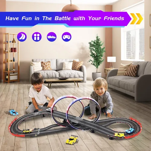 Vista 4 de Conjuntos de pistas de carreras de autos de ranura con 4 autos de carreras de alta velocidad, pista de carreras eléctrica de 20 pies para niños