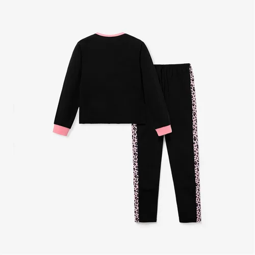 Vista 7 de PATPAT Conjunto de 2 piezas para niñas, camiseta de bloque de color de leopardo, camiseta de cuello redondo, leggings negros, pantalones deportivos