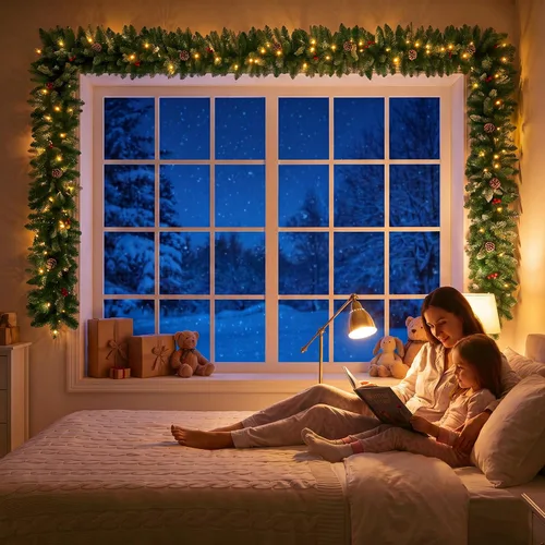 Vista 9 de ANOTHERME Guirnalda de Navidad artificial preiluminada de 9 pies, decoración de Navidad para interiores y exteriores, guirnalda con temporizador que