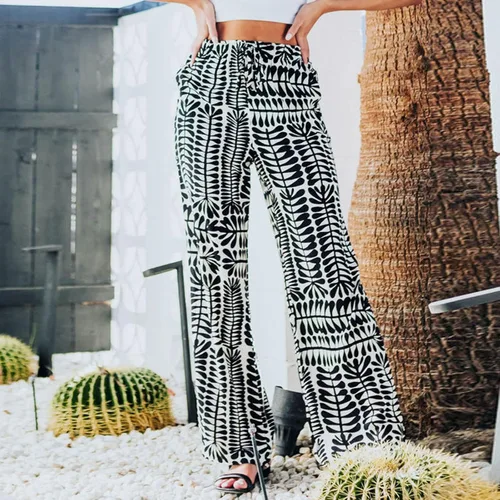 Vista 2 de Mittory Wide Leg Pants for Women Fashion Print Casual High Waist Elastic Straight Palazzo Pants