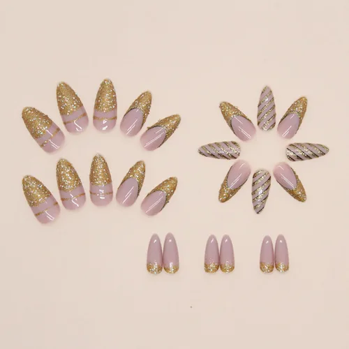 Vista 3 de Uñas postizas acrílicas de almendra a presión con rayas doradas, cobertura completa, ataúd reutilizable, uñas postizas brillantes, uñas adhesivas
