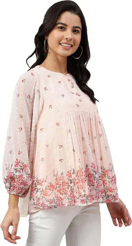 Vista 4 de Janasya Top acampanado con estampado floral Peach Georgette para mujer