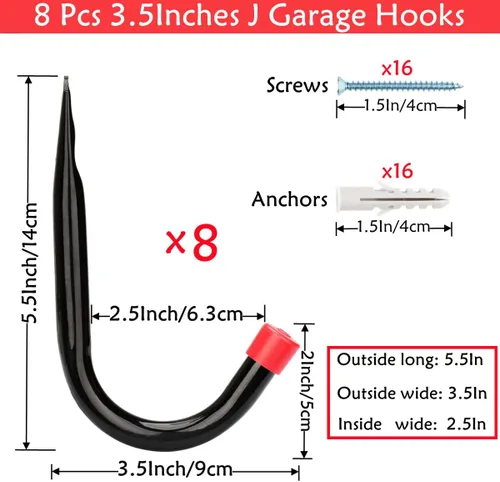 Vista 2 de Garaje de almacenamiento J Utility Hook, paquete de 8 ganchos resistentes para colgar en la pared, organizar herramientas de jardín, bolsas