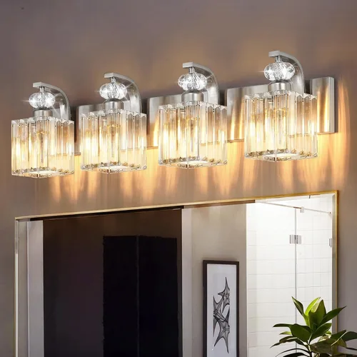 Vista 22 de Lámpara Moderna de Tocador de Baño, Luminarias de Baño de 4 Luces Negro Dorado Sobre Espejo, Aplique de Pared de Cristal de 28.4