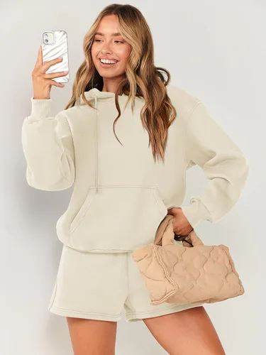 Vista 9 de ANRABESS Conjunto de 2 piezas para mujer, sudadera corta con cordón y capucha de gran tamaño, conjunto a juego