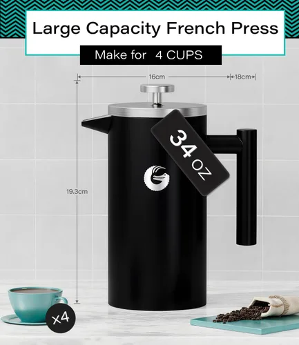 Vista 4 de Coffee Gator - Cafetera de prensa francesa de acero inoxidable 304 de 34 oz, tetera para té y café de doble pared aislada con sistema de filtración