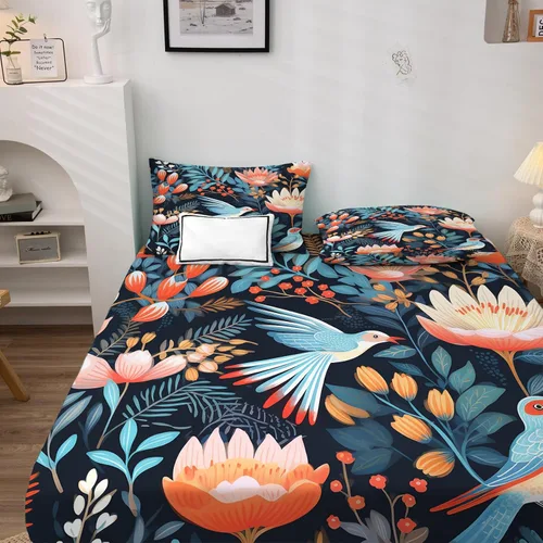 Vista 2 de Juego de sábanas de 3 piezas con diseño de pájaros y fundas de almohada, tamaño individual, sábanas y fundas de almohada con estampado de flores