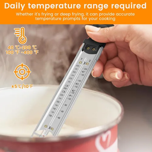 Vista 5 de Termómetro de acero inoxidable para dulces con clip para olla, termómetro de cocina con mango de anillo para colgar, termómetro de lectura
