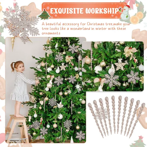 Vista 5 de Deekin 72 piezas adornos de carámbano de copo de nieve para árbol de Navidad, carámbanos torcidos de copo de nieve con purpurina, decoraciones