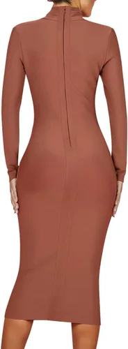 Vista 3 de UONBOX Vestido de vendaje ajustado con cuello en V y mangas largas drapeadas hasta la rodilla para mujer