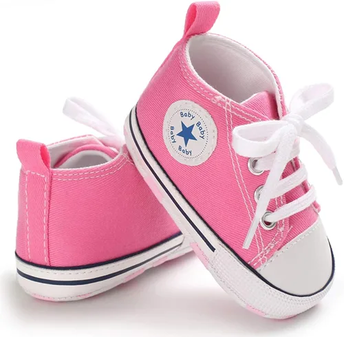 Vista 4 de Zapatos de bebé para niñas o niños suaves suela antideslizante para recién nacidos y primeros pasos de estrella tenis caña alta de lona mezclilla