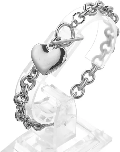 Vista 6 de Juego de collar y pulsera con dije de corazón, collar y cadena de acero inoxidable dorado y plateado con dije de corazón con cierre de palanca