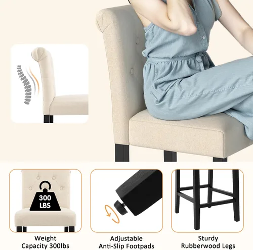 Vista 6 de GOTMINSI Taburetes de tela beige de 24 pulgadas, juego de 2 sillas tapizadas de altura de mostrador con decoración copetuda de estilo ocio