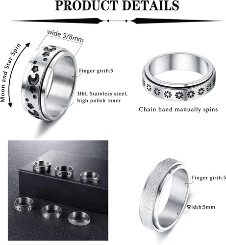 Vista 2 de LOYALLOOK Juego de 6 anillos giratorios para mujeres y hombres de acero inoxidable anillo de meditación para aliviar el estrés boda promesa