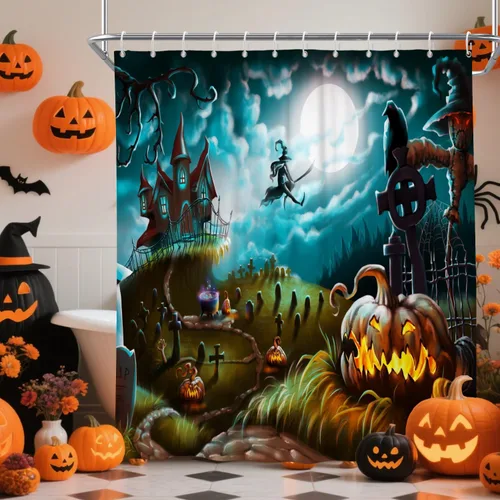 Vista 3 de Cortina de ducha de Halloween, cortinas de ducha de calabaza aterradora para baño, casa cazada de brujas, cortina de baño, cortina de baño