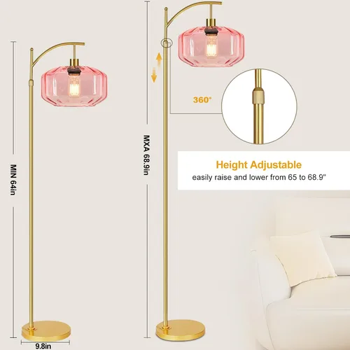 Vista 6 de Lámparas de pie doradas para sala de estar, dormitorio, lámpara de pie de cristal con control remoto y pantalla rosa, lámpara de pie regulable
