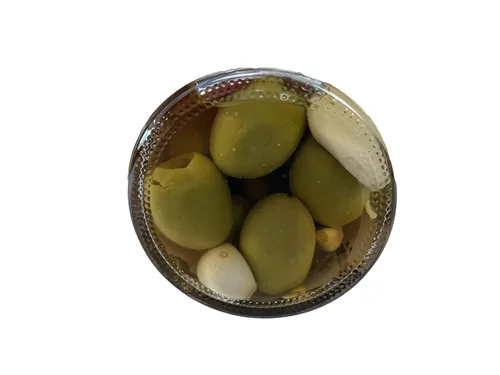 Vista 4 de Harold's - Olivas picantes OLMEC - La aceituna Martini sucia perfecta - Repleta de ajo fresco y habanero - Hecho en Texas