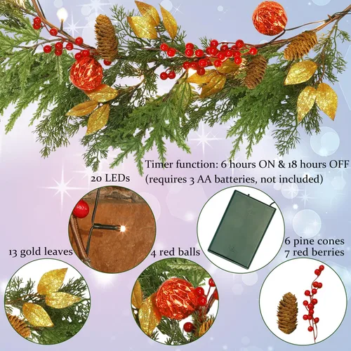 Vista 3 de GUOOU Guirnalda de Navidad iluminada de 6 pies, guirnalda de Navidad a pilas con luces, guirnalda preiluminada con bolas rojas para interiores